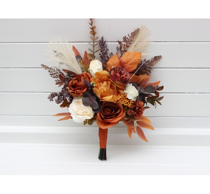 Wedding bouquets in ivory rust colors. Bridal bouquet. Cascading bouquet. Faux bouquet. Bridesmaid bouquet. 5220