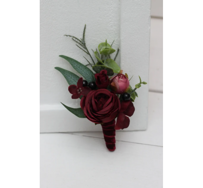  Wedding boutonnieres and wrist corsage  in burgundy dusty rosecolor scheme. Flower accessories. 5329