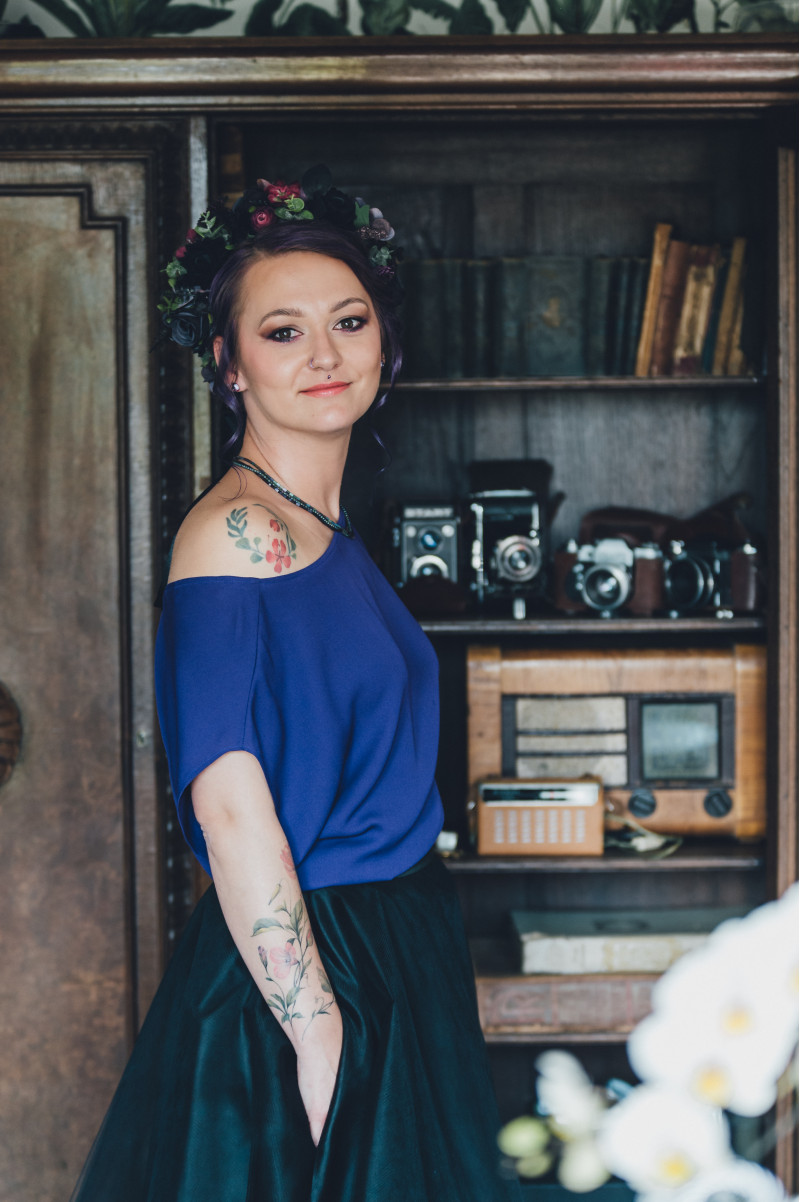 Boho gothic floral crown with black and magenta flowers for an alternative bride