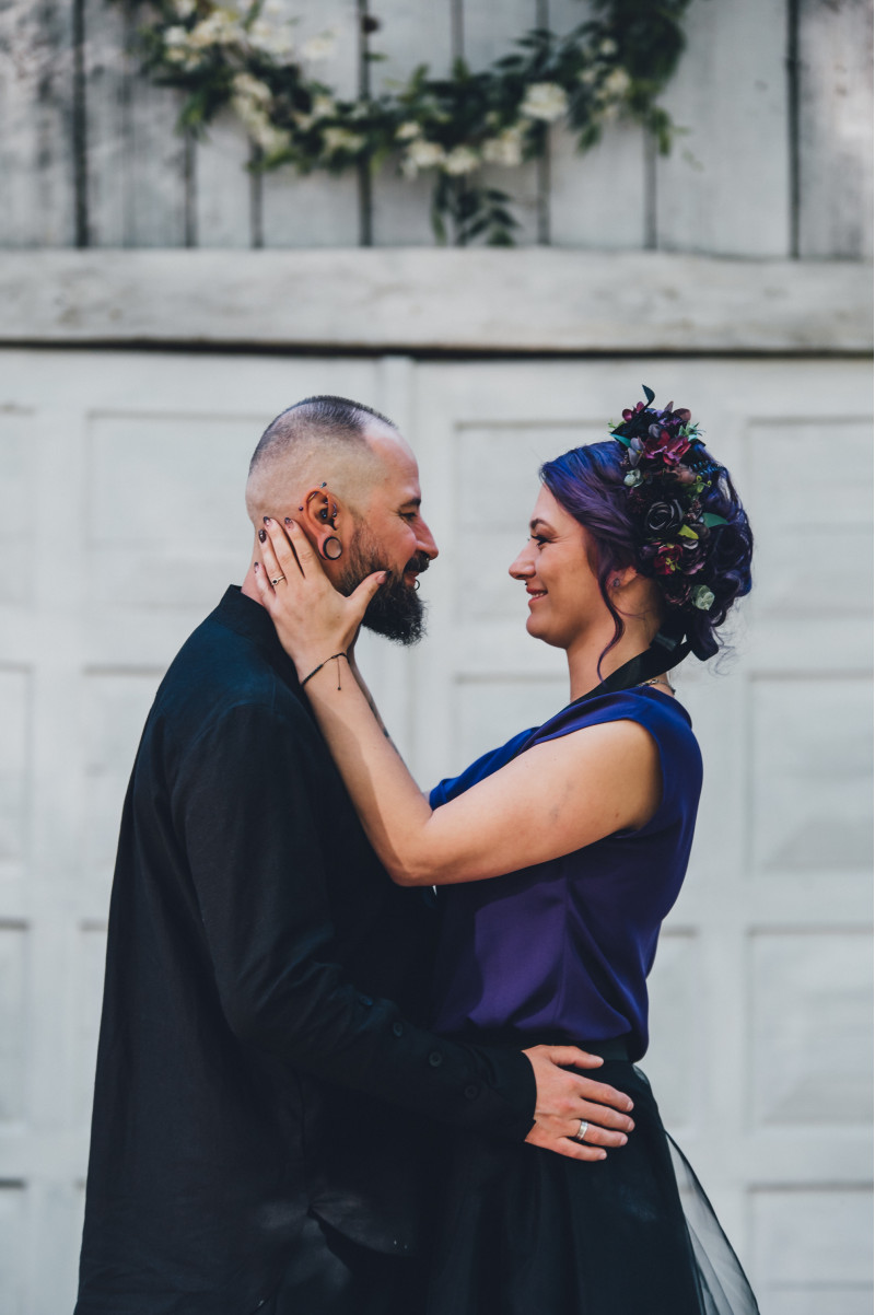 Gothic flower crown in black, purple, and magenta with dark romantic blooms