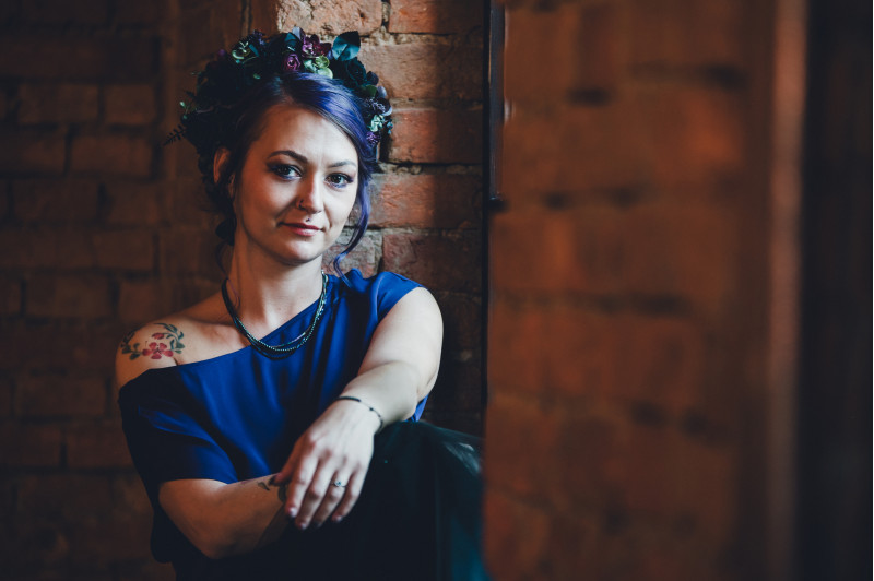 Halloween wedding hair wreath in black, magenta, and deep purple tones