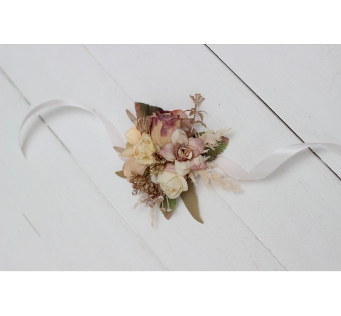  Wedding boutonnieres and wrist corsage  in dusty rose cinnamon ivory color scheme. Flower accessories. 5098