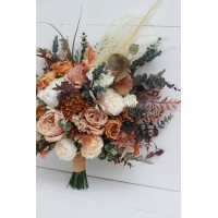 Boho bouquet with pampas grass in orange ivory rust terracotta wedding color scheme. Cascading  bridal bouquet. Bridesmaid bouquet. 0029