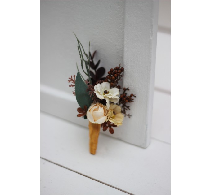  Wedding boutonnieres and wrist corsage  in terracotta rust peach color scheme. Flower accessories. 5040