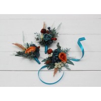 Wedding boutonnieres and wrist corsage  in teal rust ivory color theme. Flower accessories. 0034