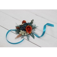 Wedding boutonnieres and wrist corsage  in teal rust ivory color theme. Flower accessories. 0034