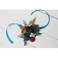 Wedding boutonnieres and wrist corsage  in teal rust ivory color theme. Flower accessories. 0034