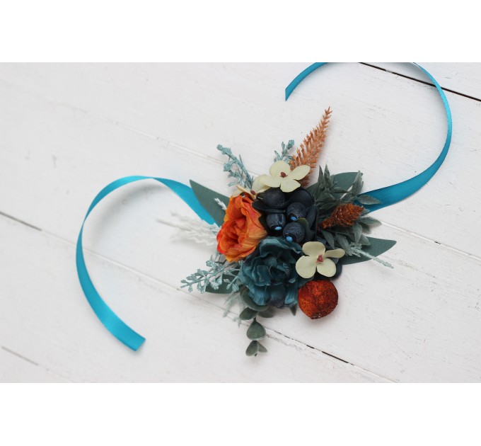 Wedding boutonnieres and wrist corsage  in teal rust ivory color theme. Flower accessories. 0034 EU UK