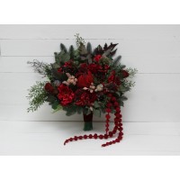 Winter pine bouquet. Red protea bouquet. Faux cones bouquet. Classic wedding. Vine silk flowers. Red green color scheme. Hunter green bouquet. 5117