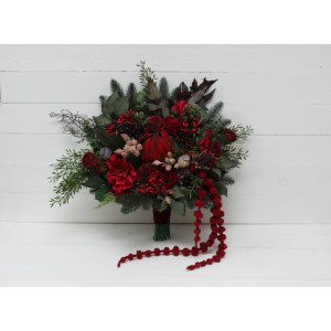 Winter pine bouquet. Red protea bouquet. Faux cones bouquet. Classic wedding. Vine silk flowers. Red green color scheme. Hunter green bouquet. 5117