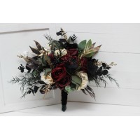 Wedding bouquets in burgundy black gold ivory  colors. Bridal bouquet. Cascading bouquet. Faux bouquet. Bridesmaid bouquet. Gothic black wedding bouquet.0032