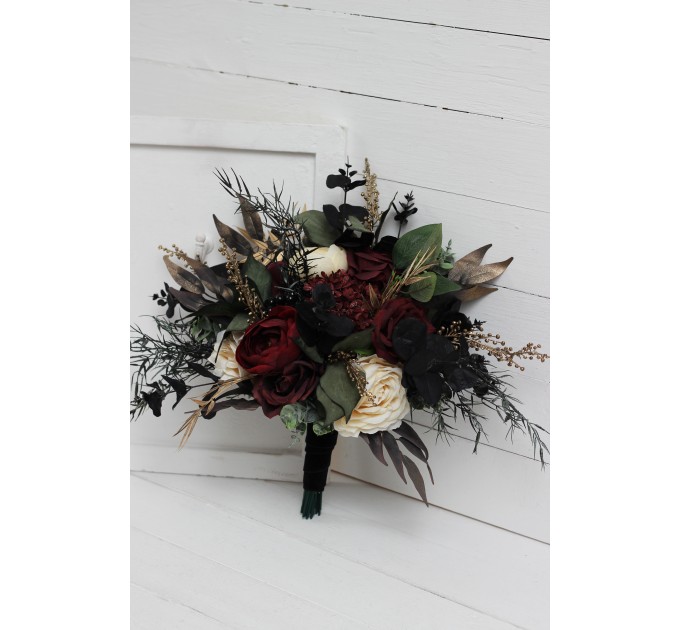 Wedding bouquets in burgundy black gold ivory  colors. Bridal bouquet. Cascading bouquet. Faux bouquet. Bridesmaid bouquet. Gothic black wedding bouquet.0032