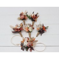 Wedding boutonnieres and wrist corsage  in terracotta ivory rust orange color theme. Flower accessories. 0029