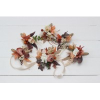 Wedding boutonnieres and wrist corsage  in terracotta ivory rust orange color theme. Flower accessories. 0029