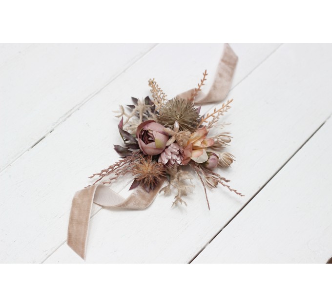  Wedding boutonnieres and wrist corsage  in terracotta dusty rose beige color scheme. Flower accessories. 5102