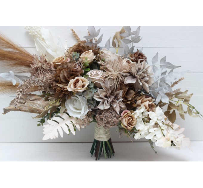 Wedding bouquets in beige brown gray white off colors. Bridal bouquet. Faux bouquet. Bridesmaid bouquet. 5148