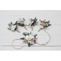  Wedding boutonnieres and wrist corsage  in white beige color scheme. Flower accessories. 5119-0023