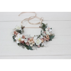 White beige flower crown. Hair wreath. Flower girl crown. Wedding flowers. 5119-0023
