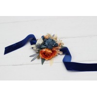  Wedding boutonnieres and wrist corsage  in rust blue ivory color scheme. Flower accessories. 5115