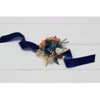  Wedding boutonnieres and wrist corsage  in rust blue ivory color scheme. Flower accessories. 5115