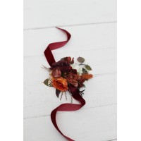 Wedding boutonnieres and wrist corsage  in  burgundy rust ivory cinnamon color theme. Flower accessories. 0039