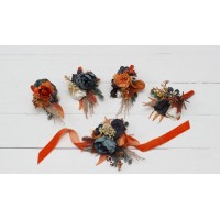  Wedding boutonnieres and wrist corsage  in burnt orange ivory navy blue color scheme. Flower accessories. 5111