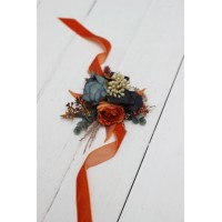  Wedding boutonnieres and wrist corsage  in burnt orange ivory navy blue color scheme. Flower accessories. 5111