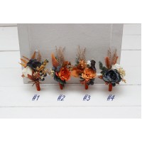  Wedding boutonnieres and wrist corsage  in burnt orange ivory navy blue color scheme. Flower accessories. 5111