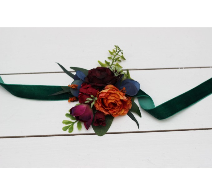 Wedding boutonnieres and wrist corsage  in emerald green orange purple color scheme. Flower accessories. 5052
