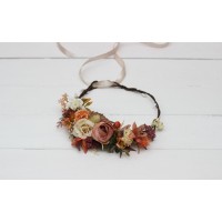 Orange ivory rust terracotta  flower crown. Hair wreath. Flower girl crown. Wedding flowers. 0029