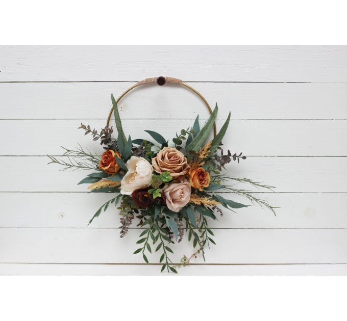 Flower hoop .Rust brown ivory colors. Alternative bridesmaid bouquet. 0019