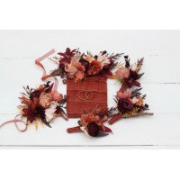  Wedding boutonnieres and wrist corsage  in burgundy terracotta color scheme. Flower accessories. 5121