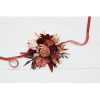  Wedding boutonnieres and wrist corsage  in burgundy terracotta color scheme. Flower accessories. 5121