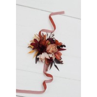  Wedding boutonnieres and wrist corsage  in burgundy terracotta color scheme. Flower accessories. 5121