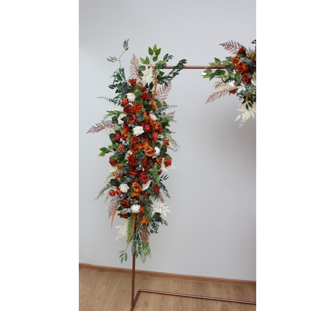  Flower arch arrangement in burnt orange ivory rust emerald green colors.  Arbor flowers. Floral archway. Faux flowers for wedding arch. 5201