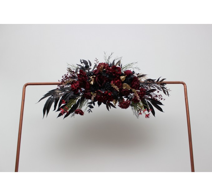 Flower arch arrangement in burgundy black gold beige colors.  Arbor flowers. Floral archway. Faux flowers for Halloween wedding arch. 0018