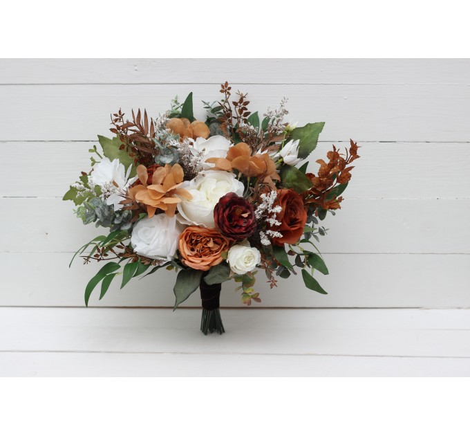 Wedding bouquets in white rust terracotta colors. Bridal bouquet. Faux bouquet. Bridesmaid bouquet. 5129