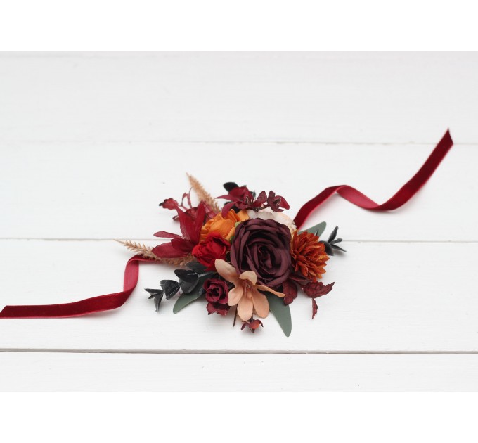  Wedding boutonnieres and wrist corsage  in burnt orange red burgundy  color scheme. Flower accessories. 5103-1