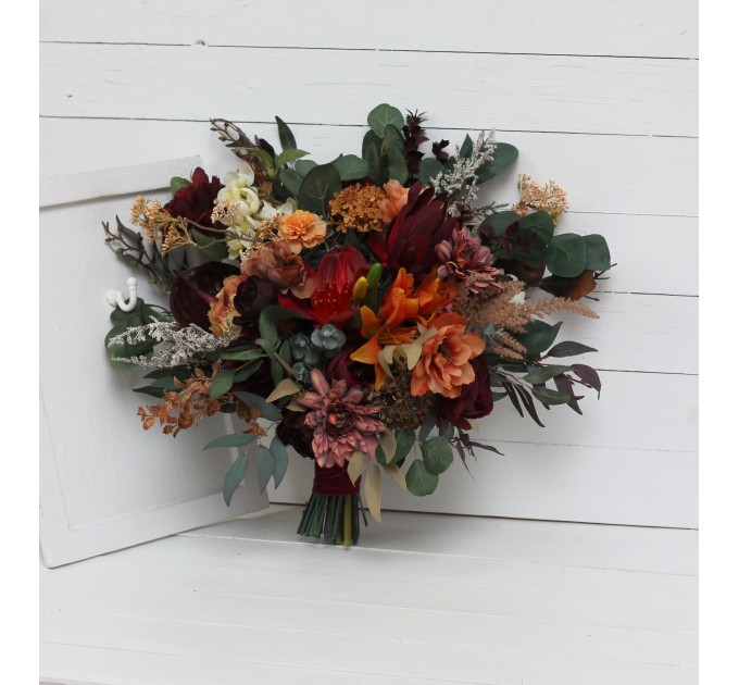 Wedding bouquets in burgundy burnt orange colors. Bridal bouquet. Cascading bouquet. Faux bouquet. Bridesmaid bouquet.5160