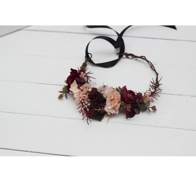 Purple burgundy beige black  flower crown. Hair wreath. Flower girl crown. Wedding flowers. 5016