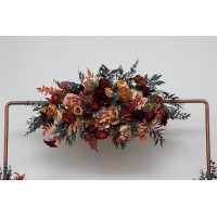 Flower arch arrangement in burgundy burnt orange rust peach colors. Arbor flowers. Floral archway. Faux flowers for wedding. 0502