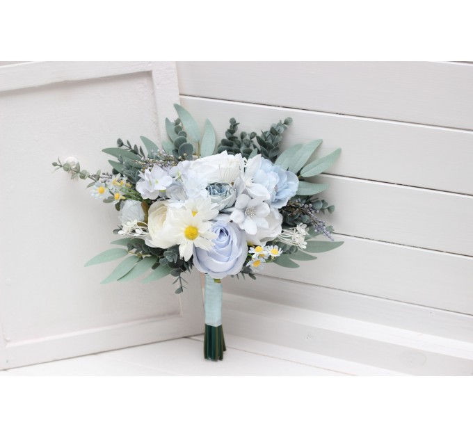 Wedding bouquets in white sky blue colors. Wildflowers bridal bouquet. Cascading bouquet. Faux bouquet. Summer bouquet. Bridesmaid bouquet. 5253