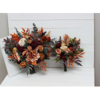 Wedding bouquets in burgundy burnt orange rust peach color theme. Bridal bouquet. Faux bouquet. Bridesmaid bouquet. 0502