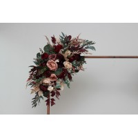 Burgundy red and dusty rose arch flowers – fall wedding pergola arrangement. 0501