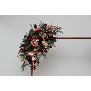 Burgundy red and dusty rose arch flowers – fall wedding pergola arrangement. 0501