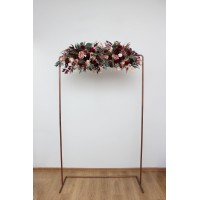 Burgundy red and dusty rose arch flowers – fall wedding pergola arrangement. 0501