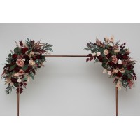 Burgundy red and dusty rose arch flowers – fall wedding pergola arrangement. 0501