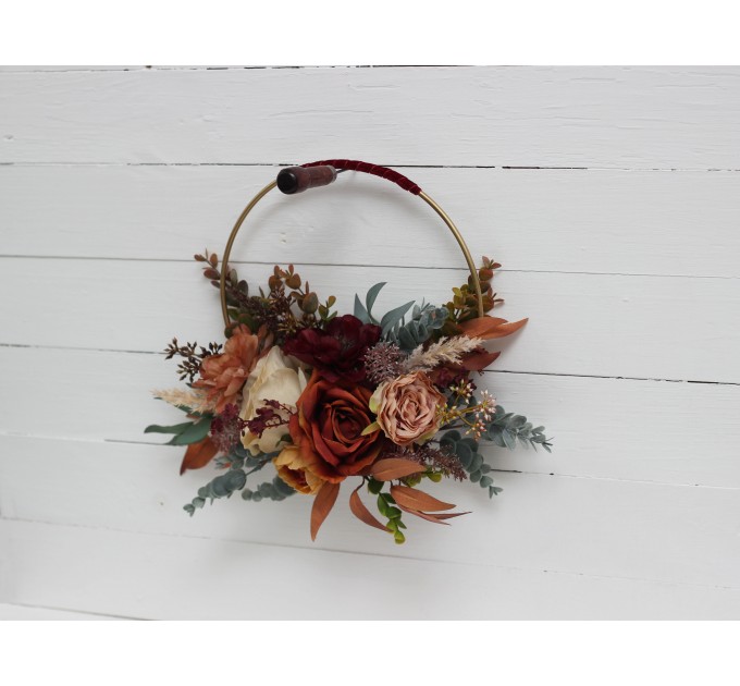 Flower hoop in burgundy burnt orange rust peach colors. Alternative bridesmaid bouquet. 0502