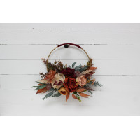 Flower hoop in burgundy burnt orange rust peach colors. Alternative bridesmaid bouquet. 0502