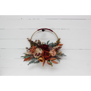 Flower hoop in burgundy burnt orange rust peach colors. Alternative bridesmaid bouquet. 0502